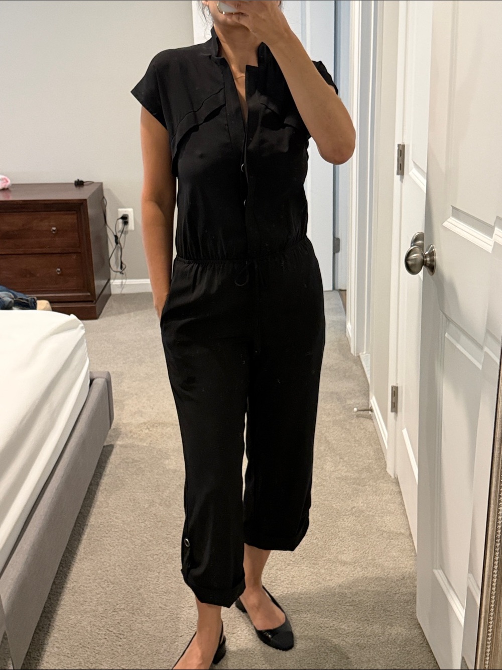 BCBGeneration Black Short-Sleeve Button-Front Cropped Jumpsuit